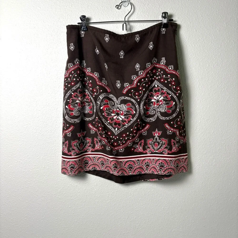Ann Taylor Loft‎ A Line Skirt Size 10 Brown Red Bandana Print Lined Silk Blend